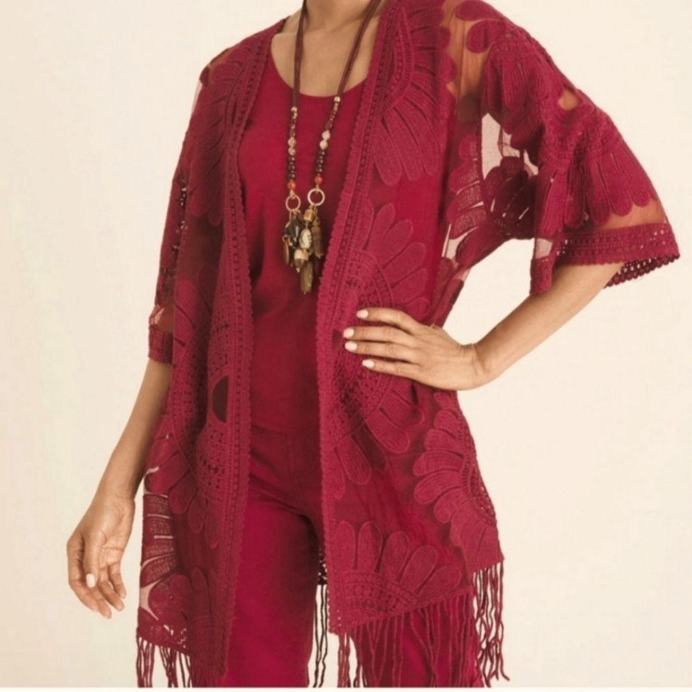 Chico's Deep Cherry Lace Kimono with Fringe Detail- NEW WITH TAGS! Sz L/XL
